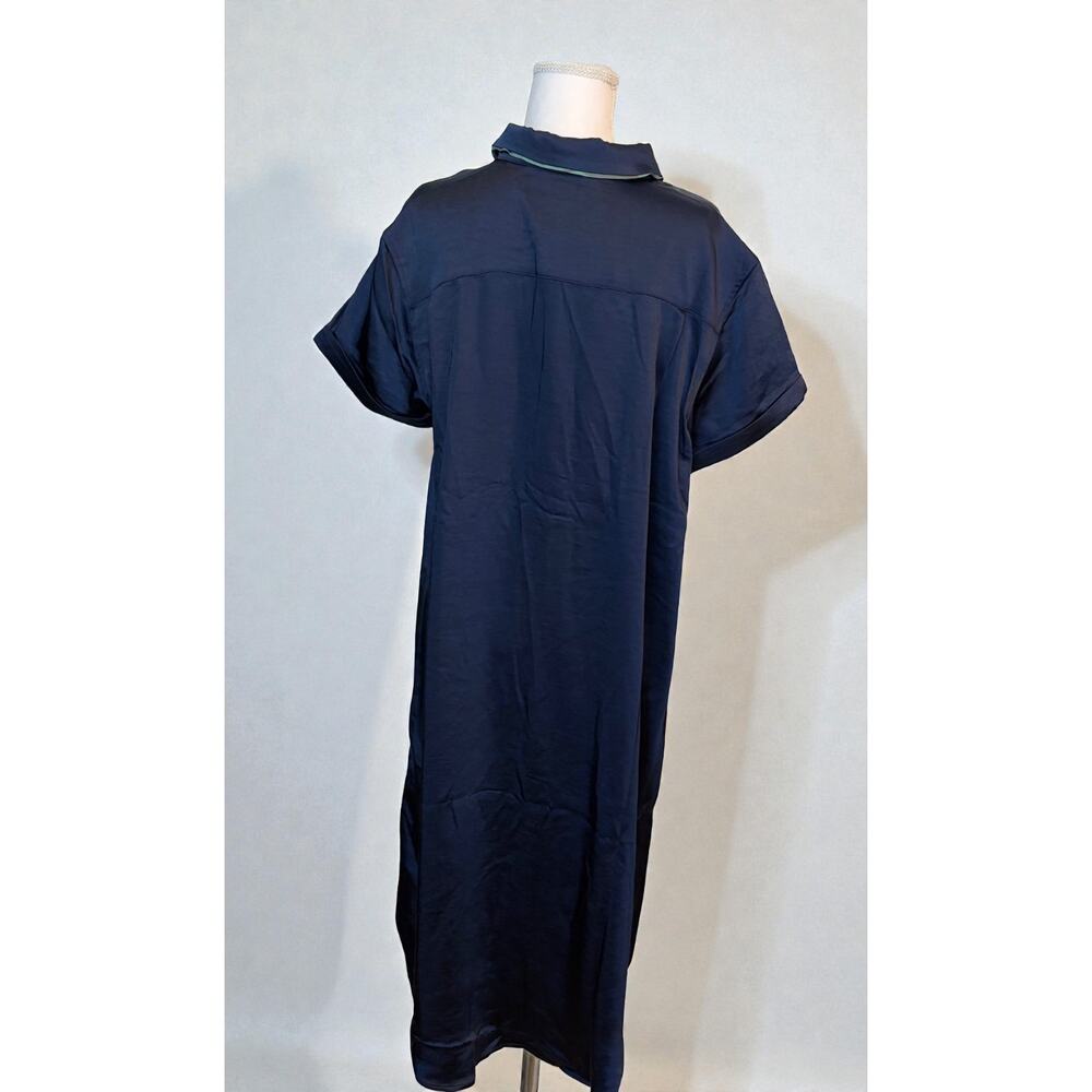 Wildfang The Empower Satin Shirt Dress Navy Blue Green Contrast Trim Medium Mod - Picture 6 of 11
